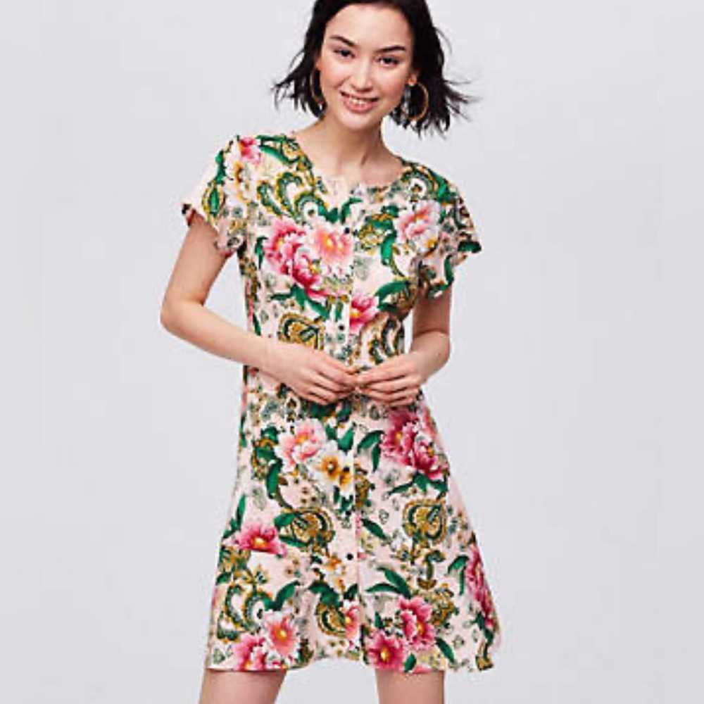 Ann Taylor Loft Floral Short Sleeve Button Down Shirtdress Flared Hem Size 4